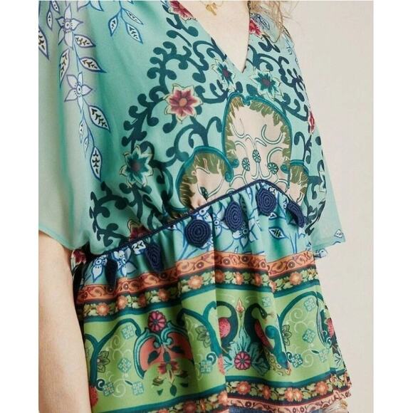 New FARM RIO Anthropologie BOHO Green Floral Idiya V-Neck Blouse Size S - Picture 3 of 8